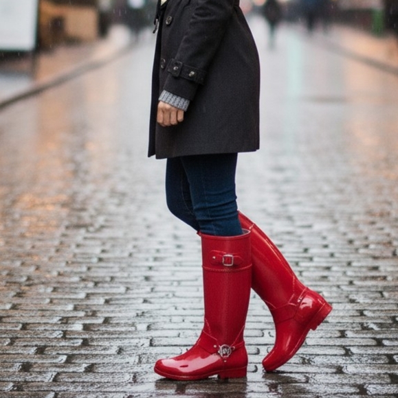 Michael Kors Fulton Harness Glossy Red Tall Rain Boots - Picture 1 of 10